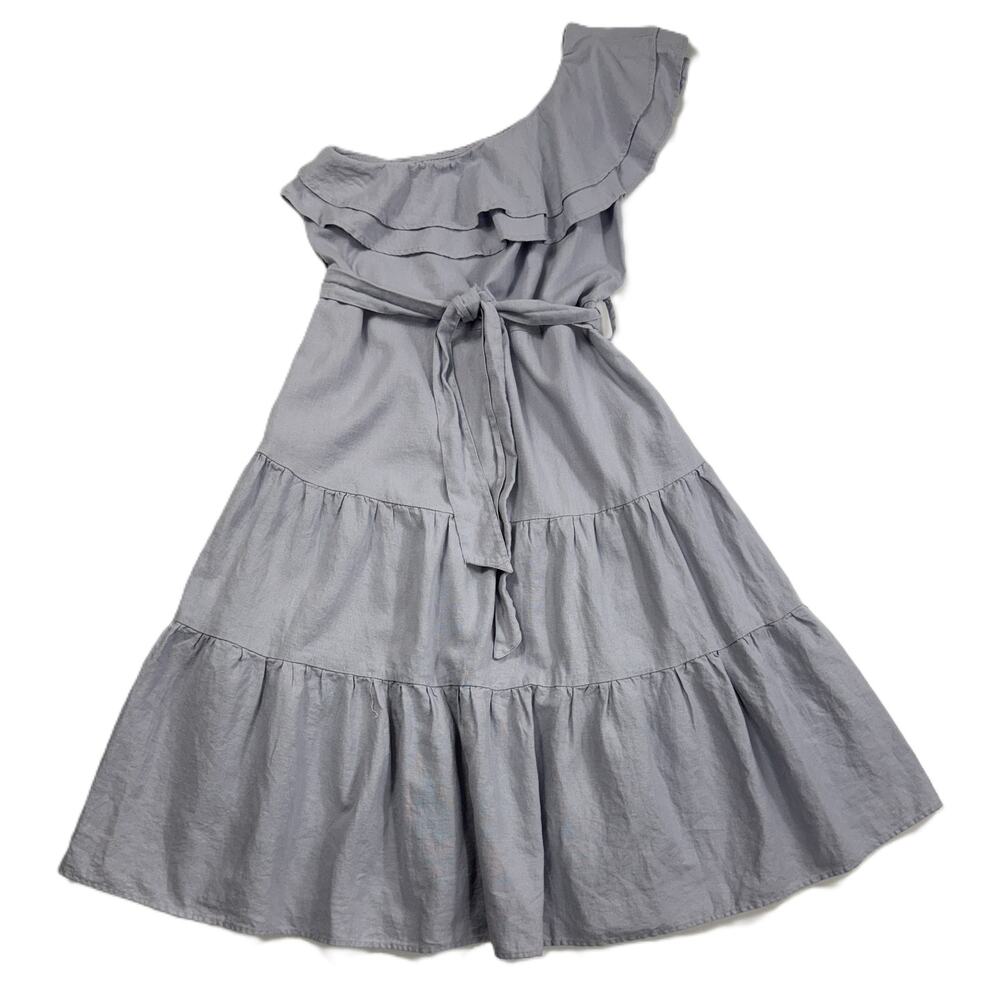 Nicole Miller Linen Blend One Shoulder Ruffle Chambray Midi Dress Size M - Picture 2 of 9